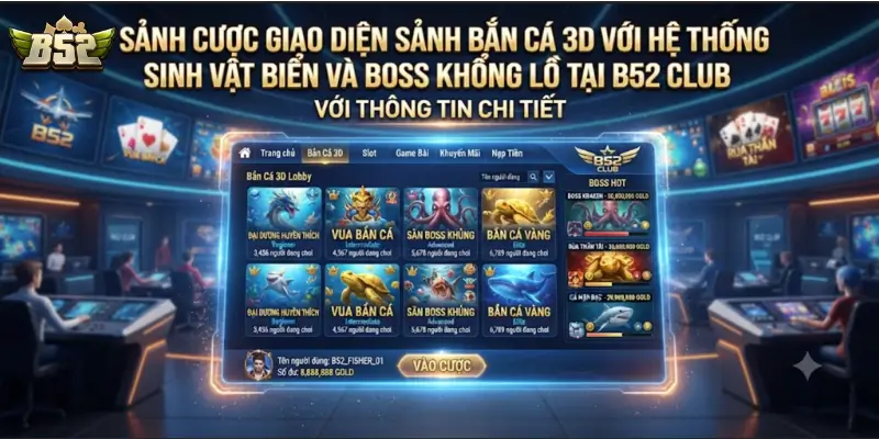 Giao diện sảnh bắn cá 3D với hệ thống sinh vật biển và boss khổng lồ tại B52 CLUB
