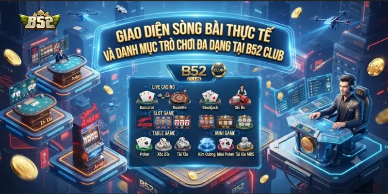 Giao diện sòng bài thực tế và danh mục trò chơi đa dạng tại B52 CLUB